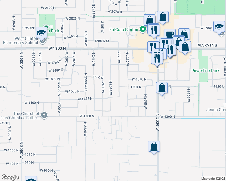 map of restaurants, bars, coffee shops, grocery stores, and more near 1508 North 2340 West in Clinton
