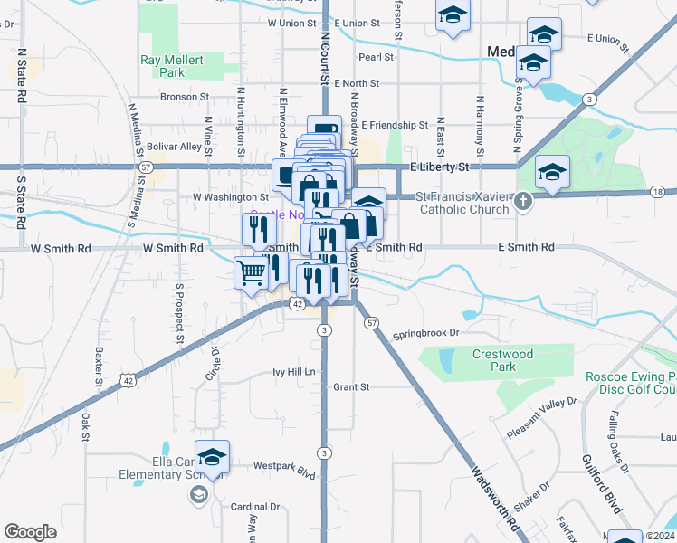 map of restaurants, bars, coffee shops, grocery stores, and more near 301 South Court Street in Medina