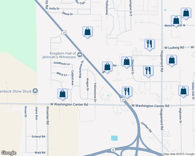map of restaurants, bars, coffee shops, grocery stores, and more near 4618-4634 Lincoln Highway in Fort Wayne