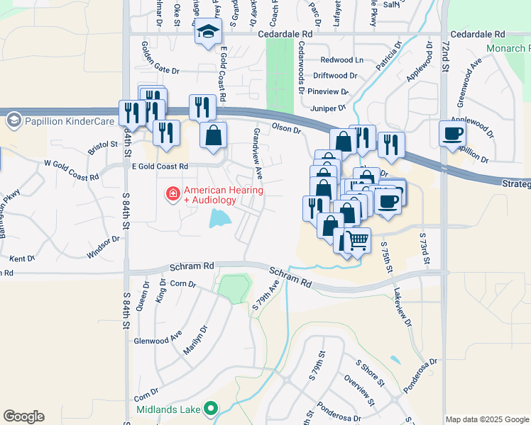 map of restaurants, bars, coffee shops, grocery stores, and more near 1523 Grandview Avenue in Papillion