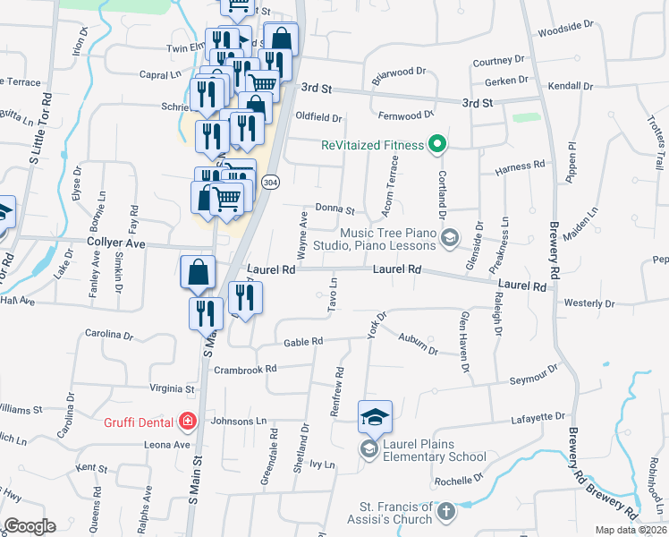 map of restaurants, bars, coffee shops, grocery stores, and more near Laurel Road & Tavo Lane in New City