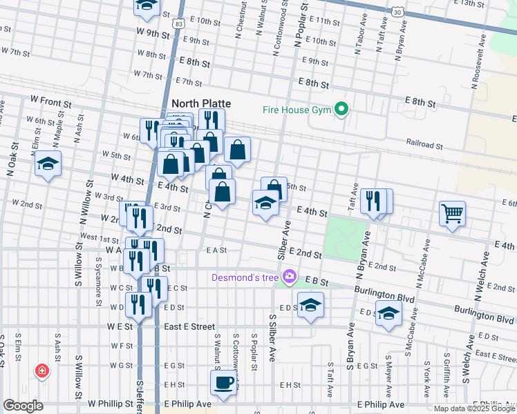 map of restaurants, bars, coffee shops, grocery stores, and more near 611 East 4th Street in North Platte