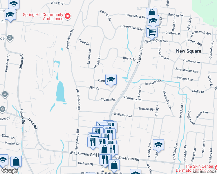 map of restaurants, bars, coffee shops, grocery stores, and more near 15 Carriage Lane in Spring Valley