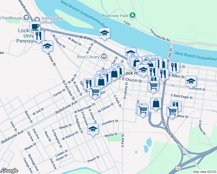 map of restaurants, bars, coffee shops, grocery stores, and more near 200 Bellefonte Avenue in Lock Haven