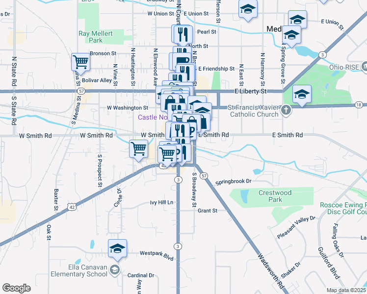 map of restaurants, bars, coffee shops, grocery stores, and more near 301 South Court Street in Medina