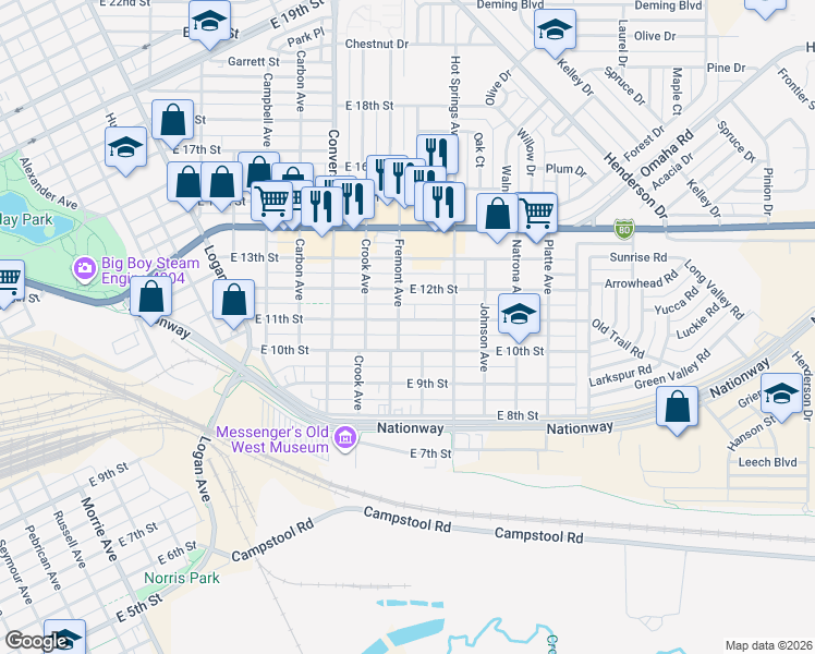 map of restaurants, bars, coffee shops, grocery stores, and more near 2505 East 11th Street in Cheyenne