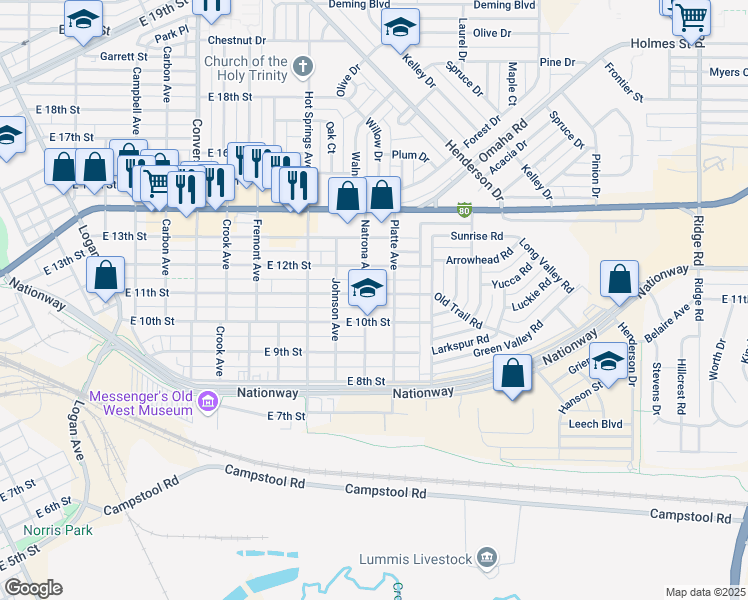 map of restaurants, bars, coffee shops, grocery stores, and more near 2805 East 11th Street in Cheyenne
