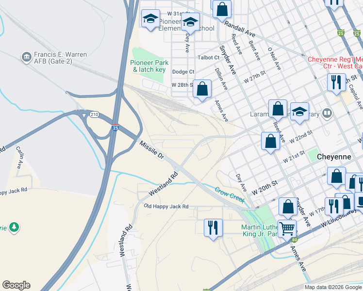 map of restaurants, bars, coffee shops, grocery stores, and more near 410 Missle Drive in Cheyenne