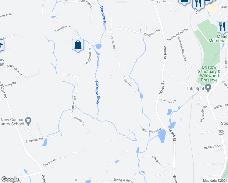 map of restaurants, bars, coffee shops, grocery stores, and more near 193 Parish Road in New Canaan