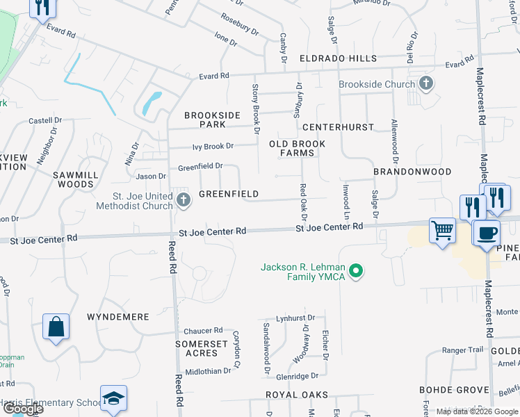 map of restaurants, bars, coffee shops, grocery stores, and more near 5227 Twilight Lane in Fort Wayne