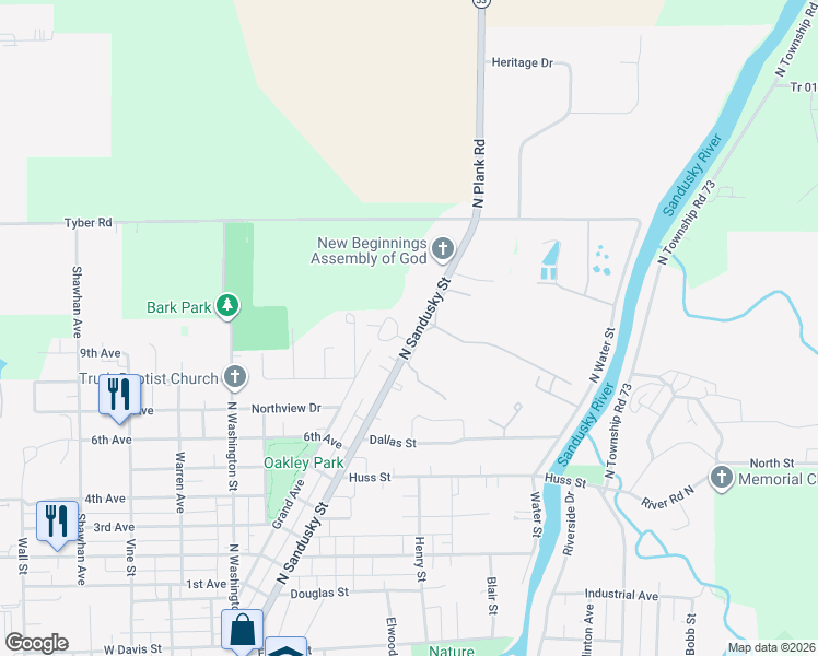 map of restaurants, bars, coffee shops, grocery stores, and more near 653 North Sandusky Street in Tiffin