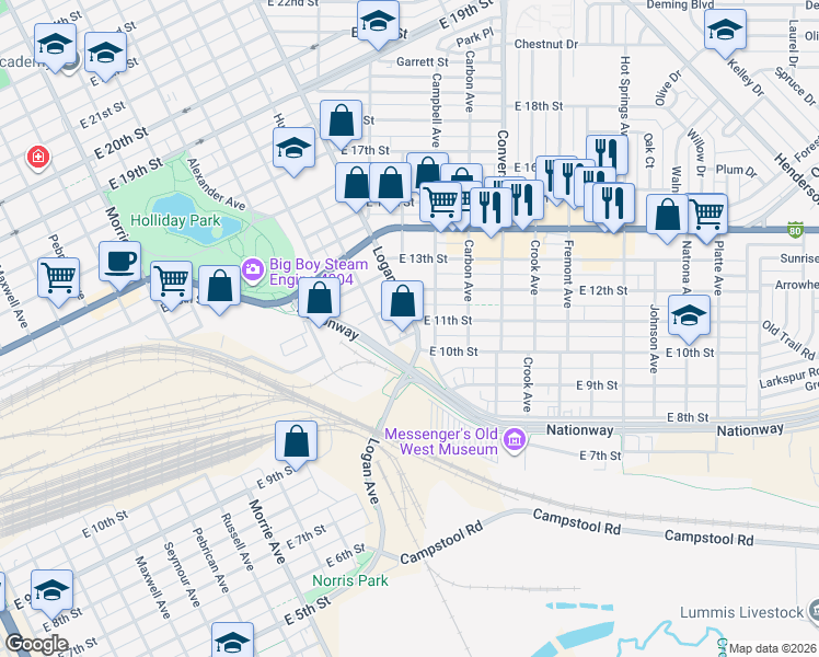 map of restaurants, bars, coffee shops, grocery stores, and more near 1102 Logan Avenue in Cheyenne