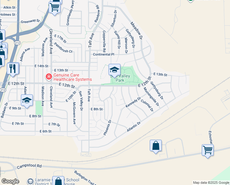 map of restaurants, bars, coffee shops, grocery stores, and more near 1160 Cottonwood Drive in Cheyenne