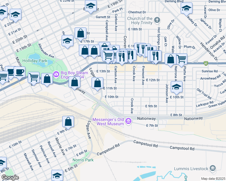 map of restaurants, bars, coffee shops, grocery stores, and more near 2122 East 11th Street in Cheyenne