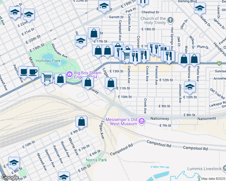 map of restaurants, bars, coffee shops, grocery stores, and more near 2020 East 11th Street in Cheyenne