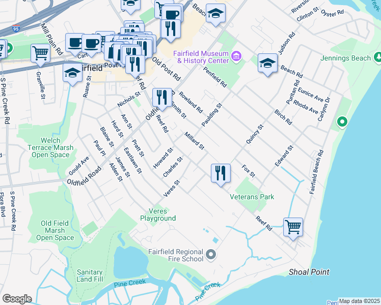 map of restaurants, bars, coffee shops, grocery stores, and more near 172 Millard Street in Fairfield