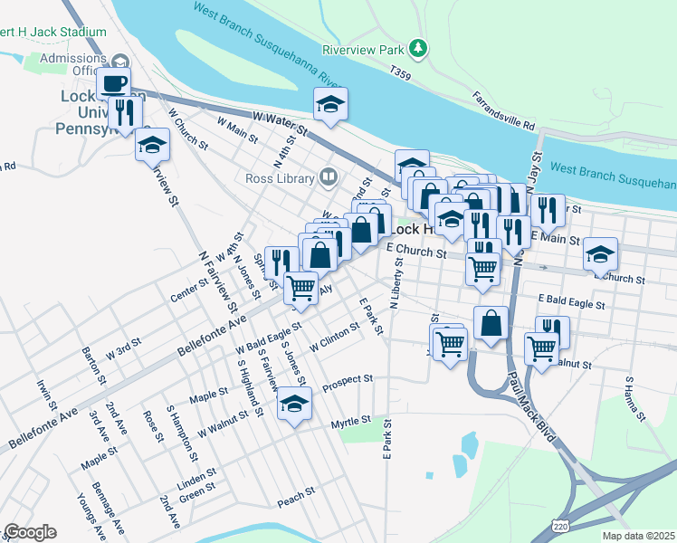 map of restaurants, bars, coffee shops, grocery stores, and more near 7 1st Street in Lock Haven