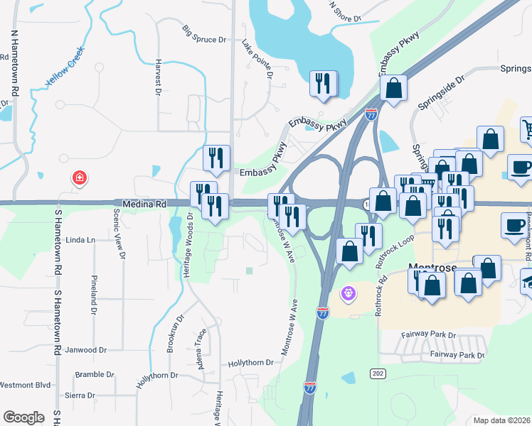 map of restaurants, bars, coffee shops, grocery stores, and more near 100 Hunt Club Drive in Akron