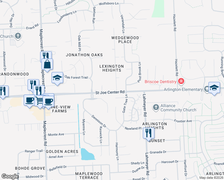 map of restaurants, bars, coffee shops, grocery stores, and more near 7017 Saint Joe Center Road in Fort Wayne