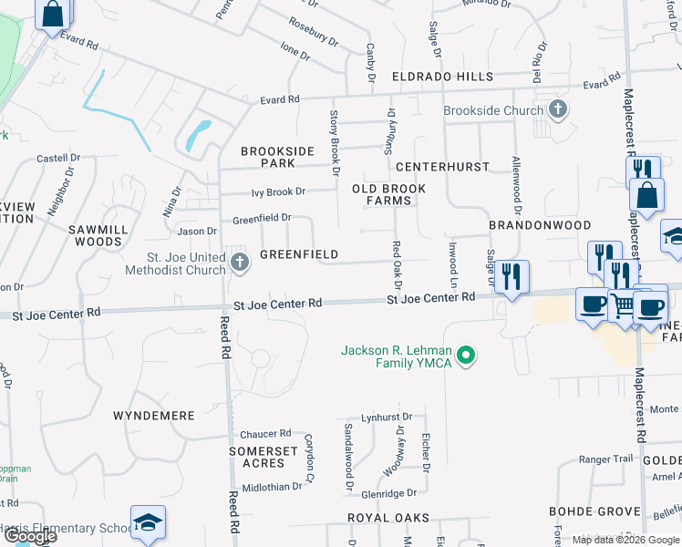 map of restaurants, bars, coffee shops, grocery stores, and more near 5227 Twilight Lane in Fort Wayne
