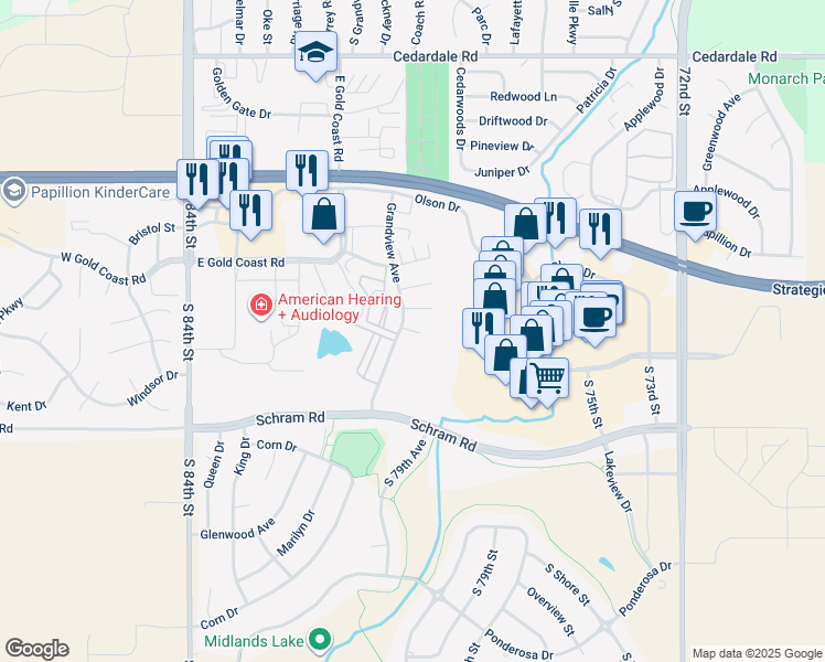 map of restaurants, bars, coffee shops, grocery stores, and more near 1523 Grandview Avenue in Papillion