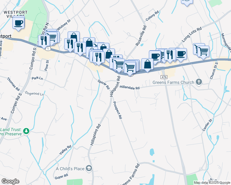 map of restaurants, bars, coffee shops, grocery stores, and more near 14 Hillspoint Road in Westport