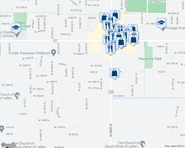 map of restaurants, bars, coffee shops, grocery stores, and more near 2169 West 1520 North in Clinton