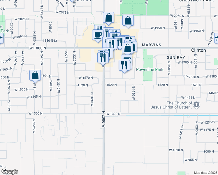 map of restaurants, bars, coffee shops, grocery stores, and more near 1665 North 1960 West in Clinton