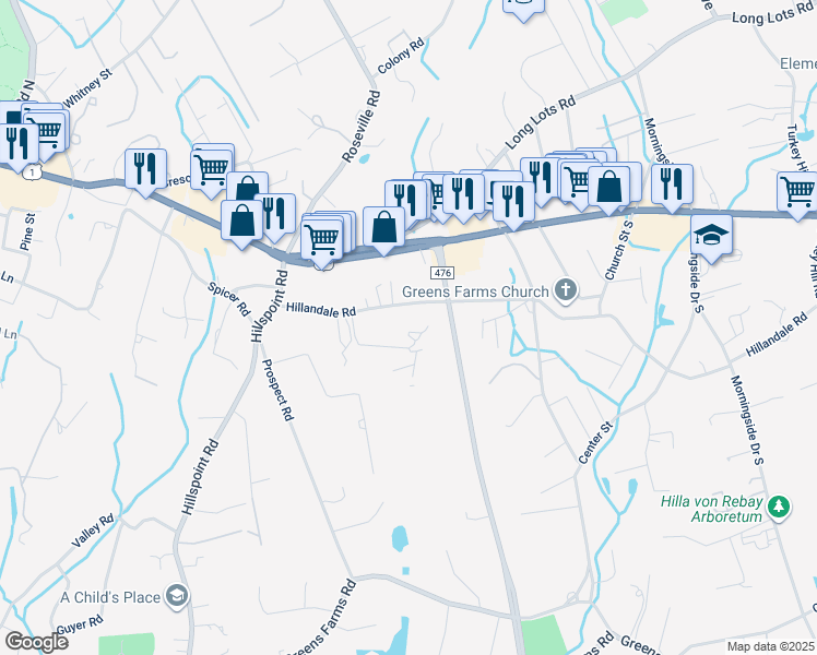 map of restaurants, bars, coffee shops, grocery stores, and more near 9 Wakeman Road in Westport