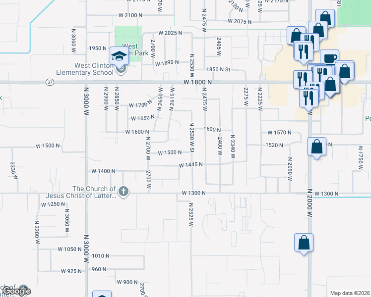 map of restaurants, bars, coffee shops, grocery stores, and more near 2552 West 1500 North in Clinton