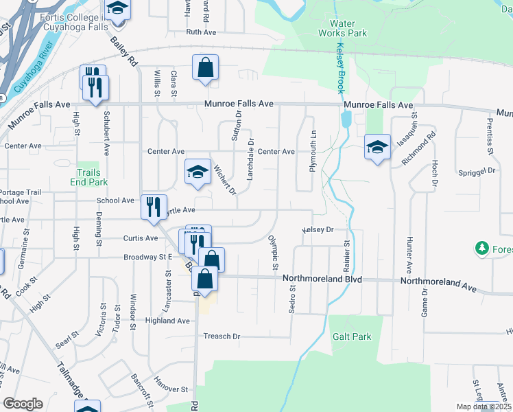 map of restaurants, bars, coffee shops, grocery stores, and more near 1445 Myrtle Avenue in Cuyahoga Falls