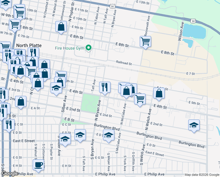 map of restaurants, bars, coffee shops, grocery stores, and more near 498 North Belmont Avenue in North Platte
