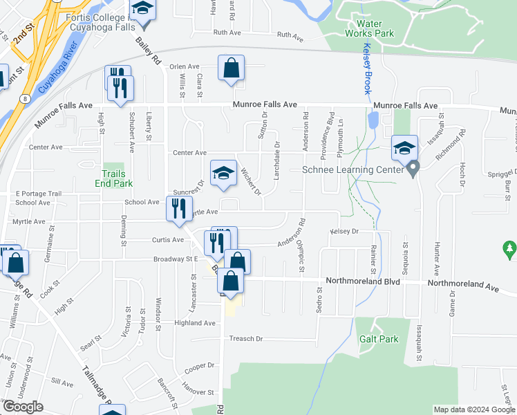 map of restaurants, bars, coffee shops, grocery stores, and more near 1337 Myrtle Avenue in Cuyahoga Falls