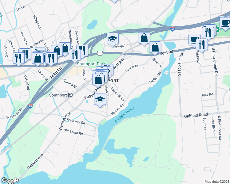 map of restaurants, bars, coffee shops, grocery stores, and more near Rose Hill Road in Fairfield