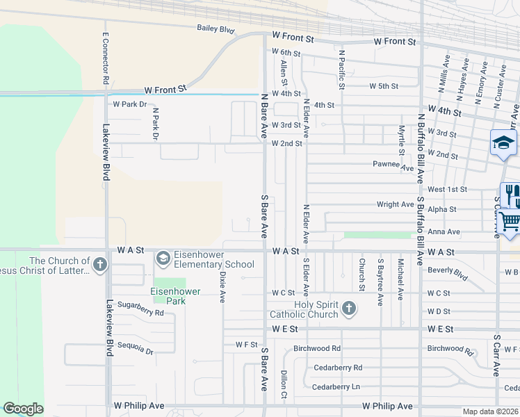 map of restaurants, bars, coffee shops, grocery stores, and more near 22-32 South Bare Avenue in North Platte