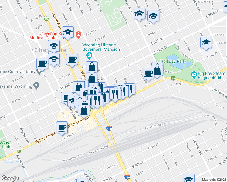 map of restaurants, bars, coffee shops, grocery stores, and more near 416 East 17th Street in Cheyenne