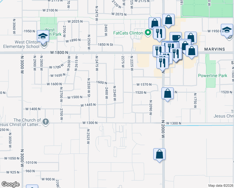 map of restaurants, bars, coffee shops, grocery stores, and more near 1508 North 2340 West in Clinton