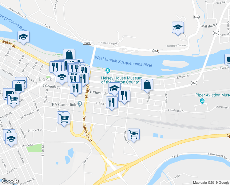map of restaurants, bars, coffee shops, grocery stores, and more near 224 North Henderson Street in Lock Haven