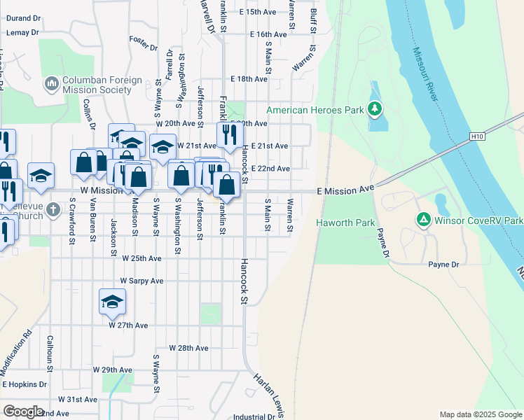 map of restaurants, bars, coffee shops, grocery stores, and more near 201 East Mission Avenue in Bellevue