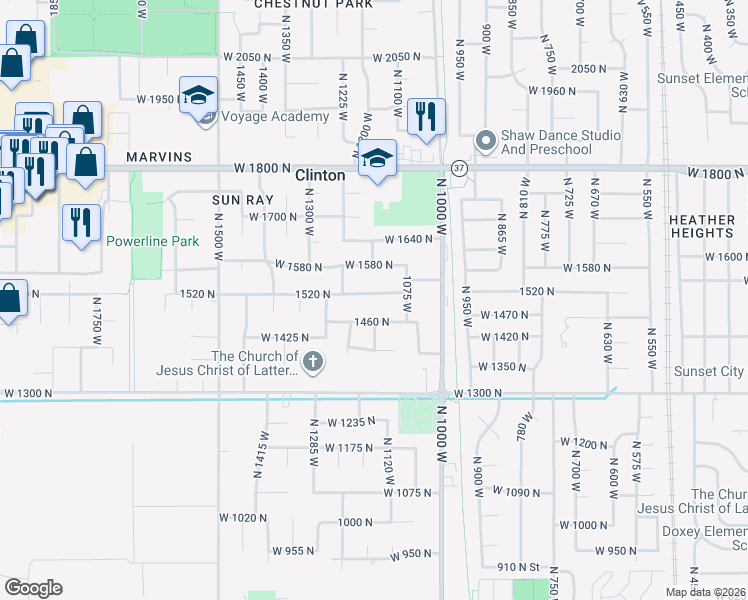 map of restaurants, bars, coffee shops, grocery stores, and more near 1149 West 1520 North in Clinton