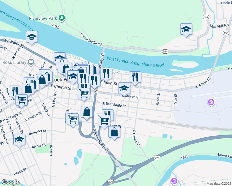map of restaurants, bars, coffee shops, grocery stores, and more near 371 East Church Street in Lock Haven