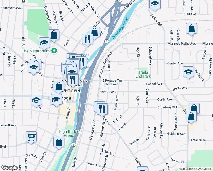 map of restaurants, bars, coffee shops, grocery stores, and more near 408 East Portage Trail in Cuyahoga Falls
