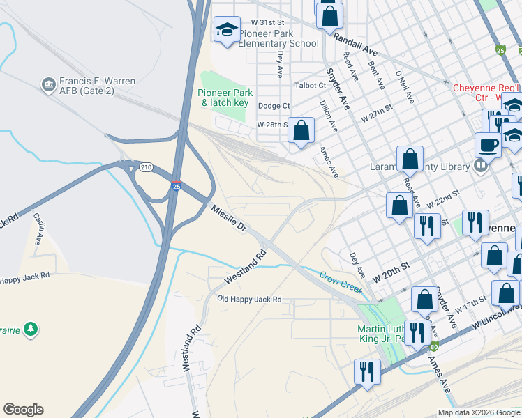 map of restaurants, bars, coffee shops, grocery stores, and more near 410 Missle Drive in Cheyenne