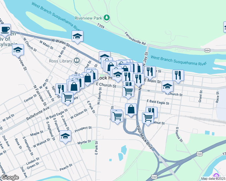 map of restaurants, bars, coffee shops, grocery stores, and more near 117 North Vesper Street in Lock Haven