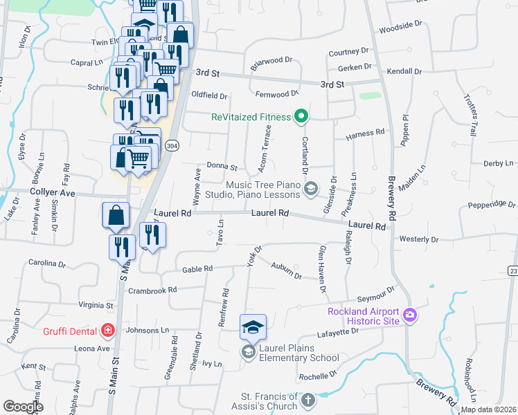 map of restaurants, bars, coffee shops, grocery stores, and more near 3 Arcadia Drive in New City