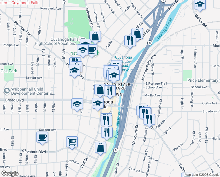 map of restaurants, bars, coffee shops, grocery stores, and more near in Cuyahoga Falls
