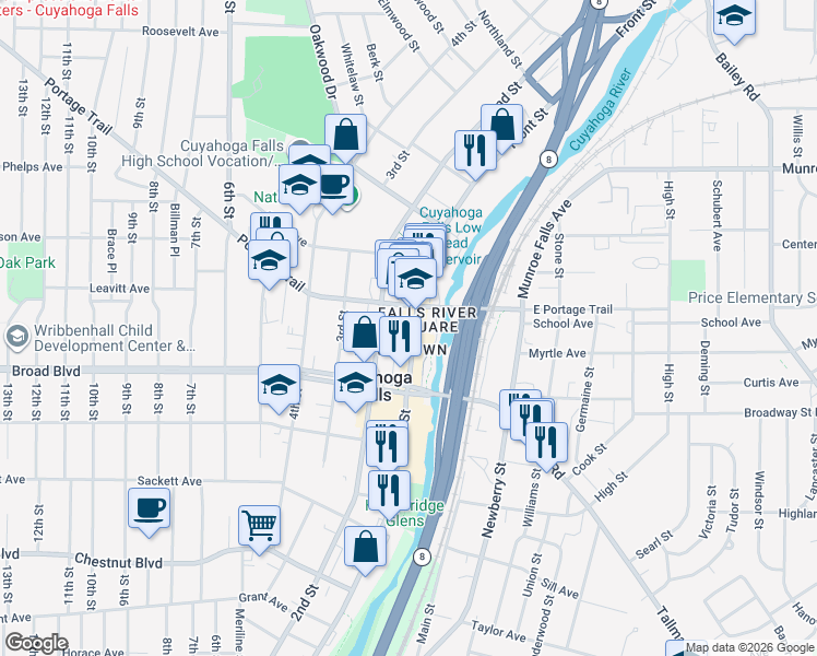 map of restaurants, bars, coffee shops, grocery stores, and more near in Cuyahoga Falls