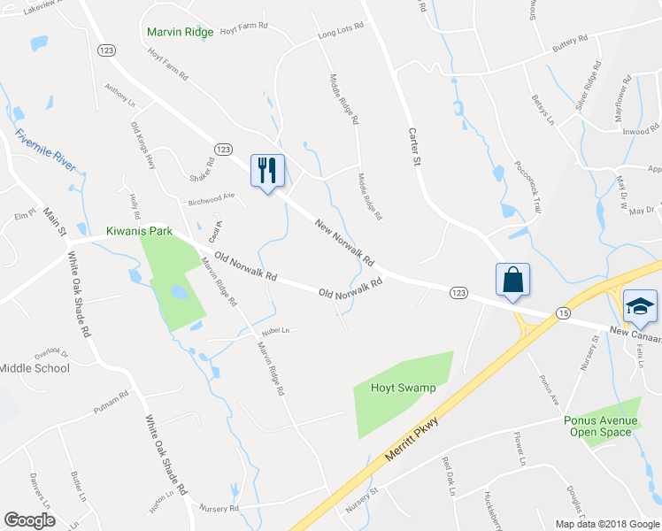 map of restaurants, bars, coffee shops, grocery stores, and more near 829 New Norwalk Road in New Canaan