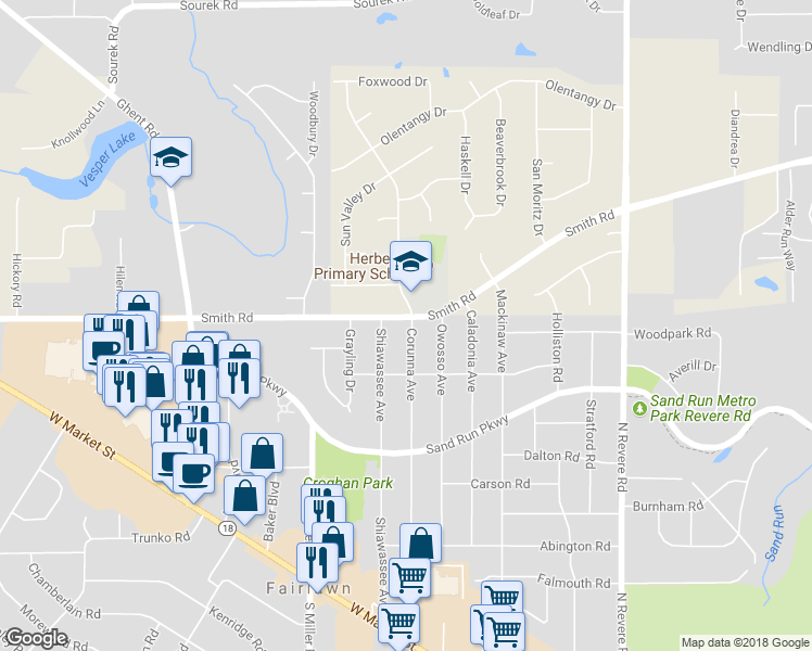 map of restaurants, bars, coffee shops, grocery stores, and more near 2668 Smith Road in Fairlawn