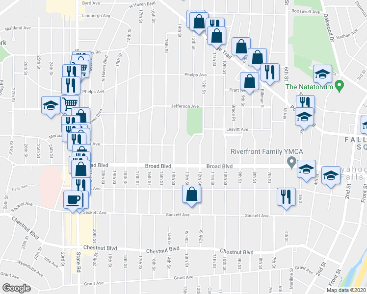 map of restaurants, bars, coffee shops, grocery stores, and more near 2054 13th Street in Cuyahoga Falls